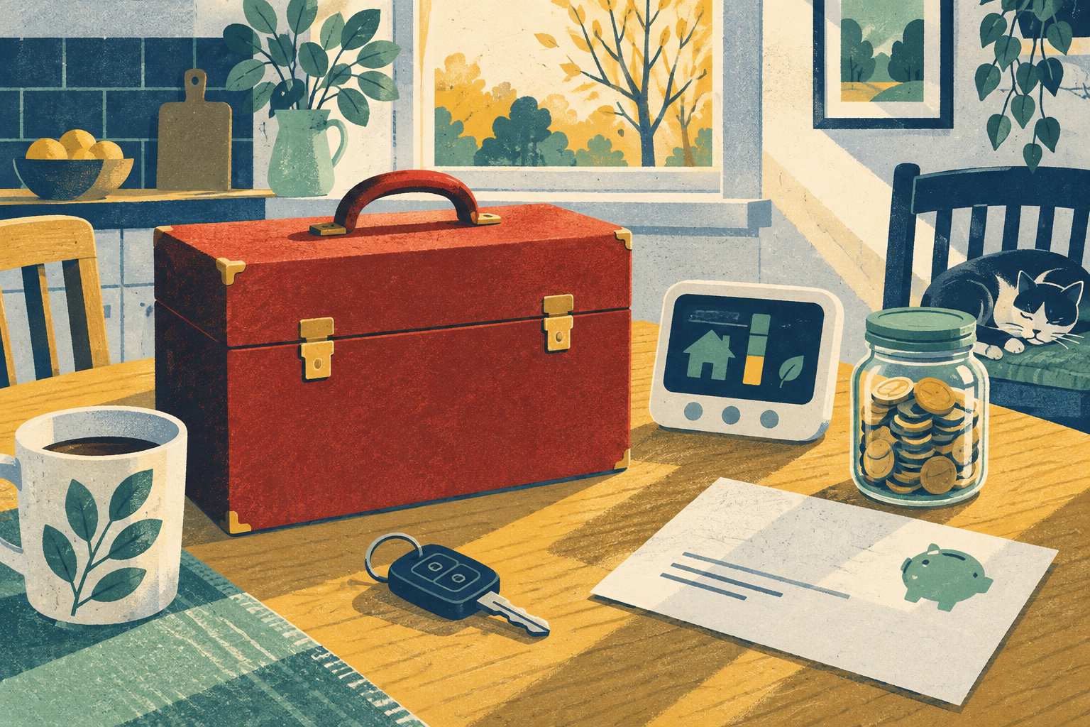 A red despatch box resting on a kitchen table beside a household energy meter, a car key, a savings jar and a pension letter, lit by late autumn sun.