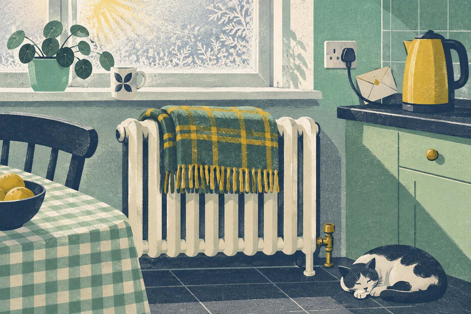 A kitchen radiator with a folded wool blanket on top and a small envelope tucked behind a kettle plug, morning light on frosted window glass.