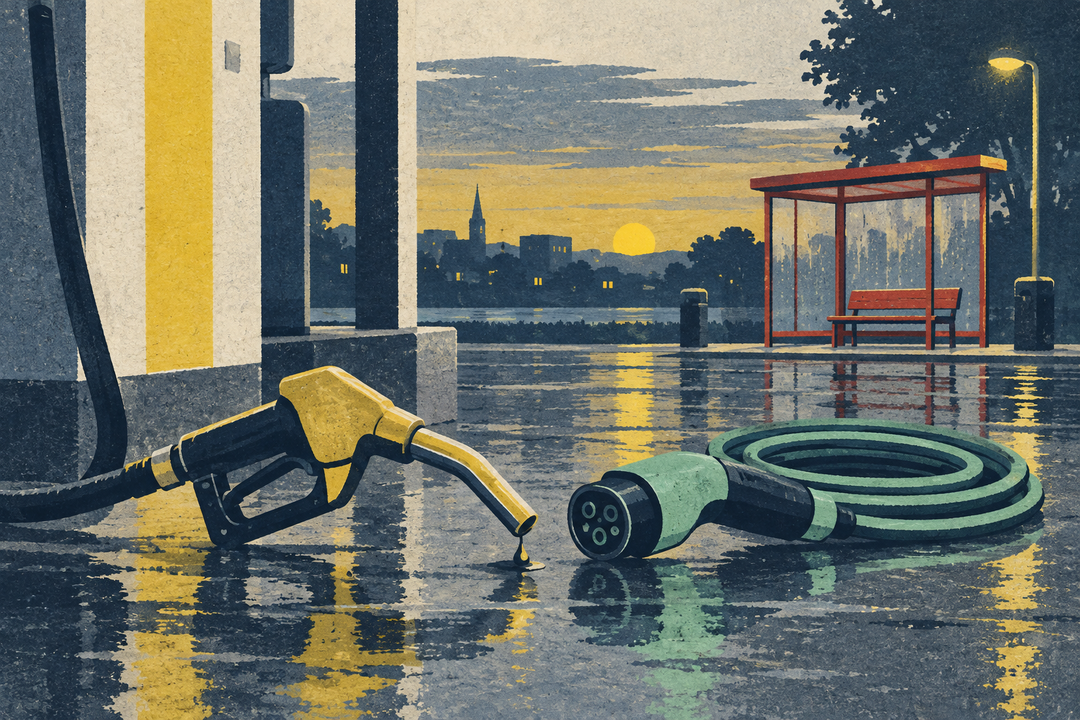 A petrol pump nozzle resting beside a coiled electric charging cable on a wet forecourt at dusk, with a red bus shelter in the background.