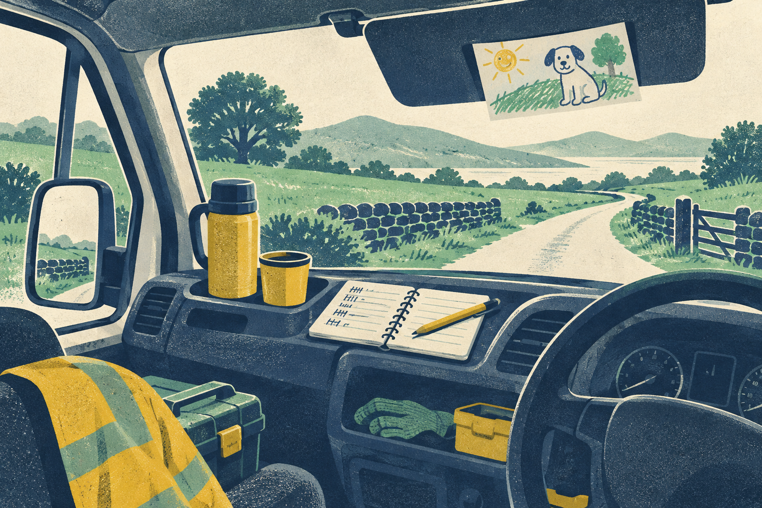 A work van's dashboard with a small notebook of mileage notes, a flask of tea and a child's drawing tucked into the sun visor.