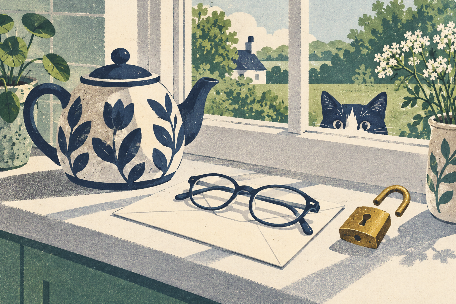 A pair of reading glasses resting on a letter beside a teapot and a small brass padlock that has been opened, on a sunny kitchen windowsill.
