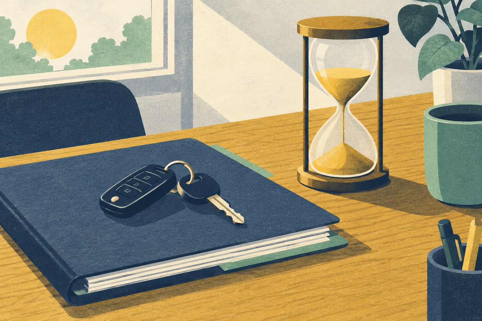 A set of car keys resting on a closed folder of paperwork, beside an hourglass with sand halfway through, on a wooden desk in soft morning light.