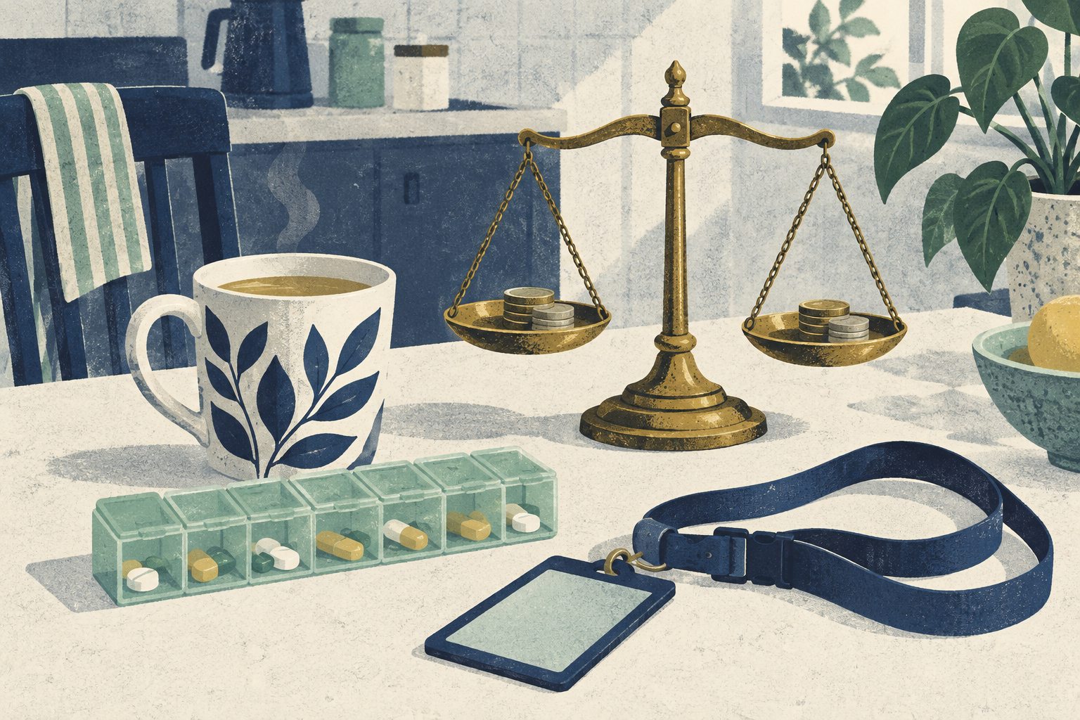 A kitchen table with a mug of tea, a pill organiser and a work lanyard laid side by side, beside a set of old balance scales holding a few coins evenly.
