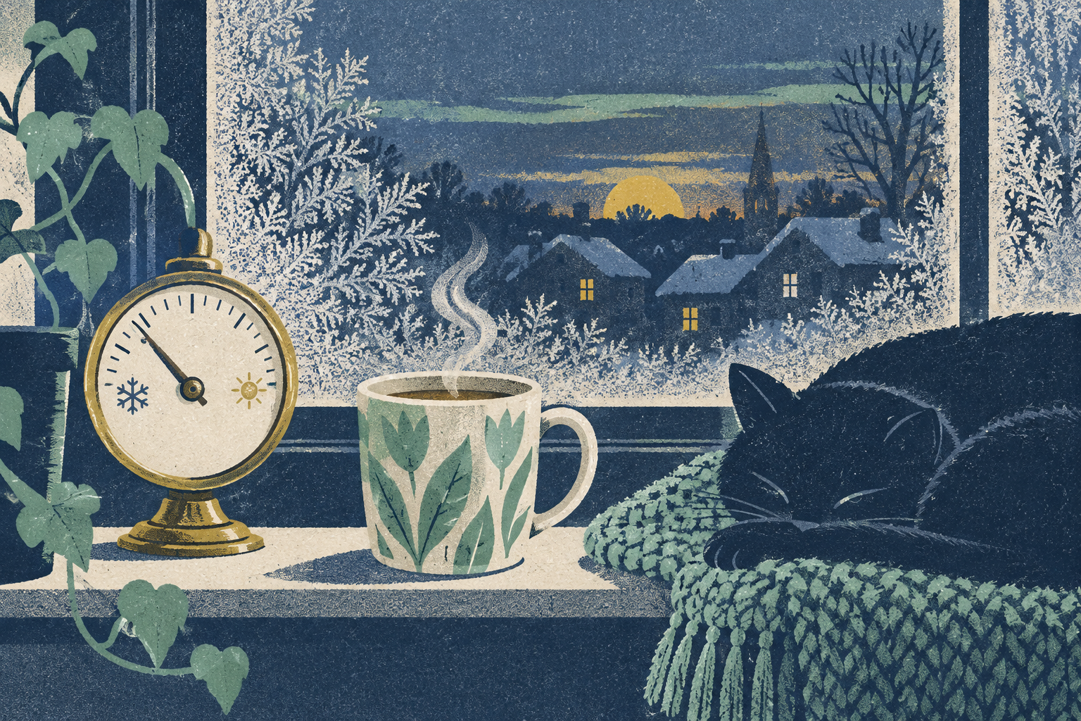 A frosted window pane at dusk with a small brass weather thermometer on the sill, its needle just below freezing, and a mug of tea steaming beside it.
