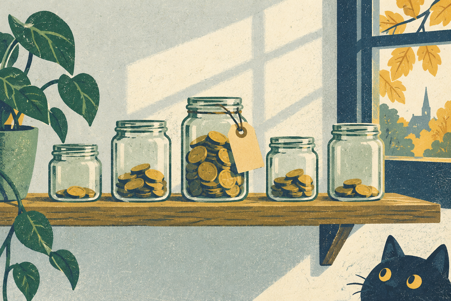 A row of small glass jars on a wooden shelf, each holding a different amount of coins, with a paper luggage tag tied to one jar and autumn light from a window.