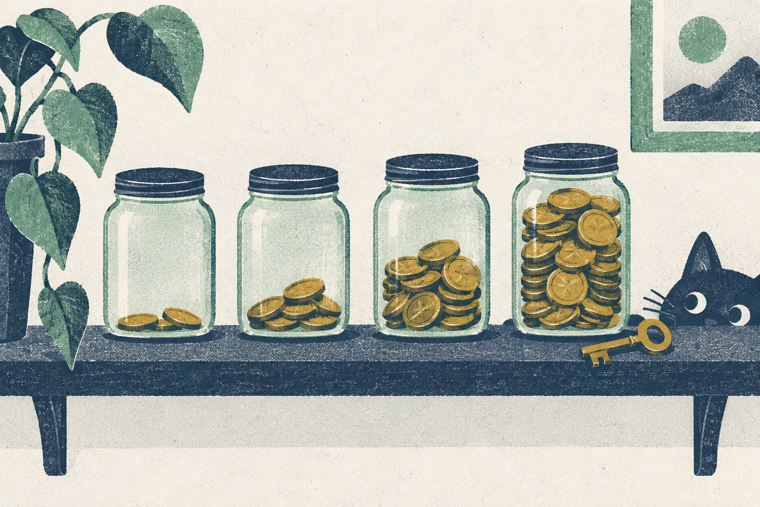 A row of glass jars on a shelf, each filled to a different level with coins, with a small brass key resting in front of the fullest one.
