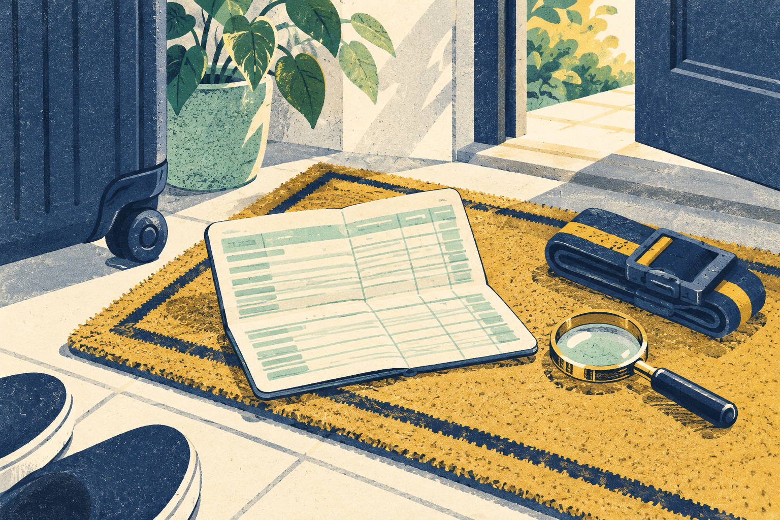 A building society passbook lying open on a doormat beside a folded suitcase strap and a small magnifying glass, in soft morning light.