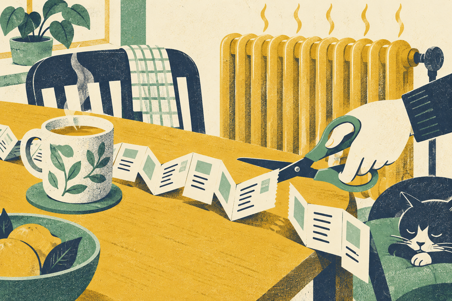 A paper chain of bills on a kitchen table being snipped through by a pair of scissors, beside a warm radiator and a mug of tea.