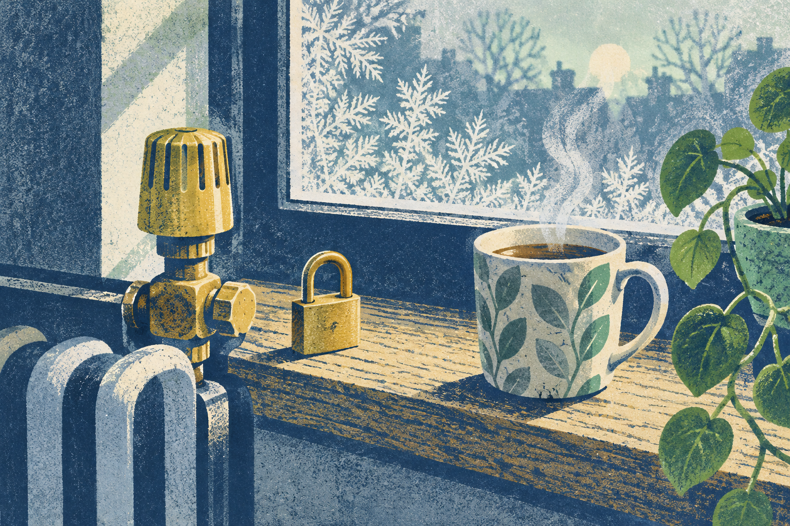 A radiator valve and a small brass padlock resting on a wooden windowsill, frost patterns on the glass behind, a mug of tea steaming beside them in soft morning light.