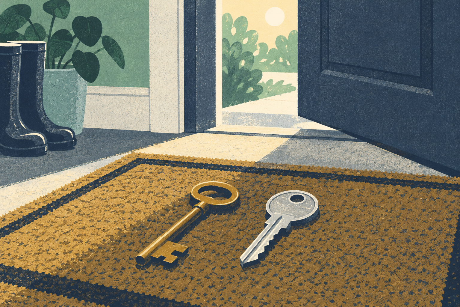An old brass key resting beside a new silver key on a doormat, with a front door slightly open and soft morning light coming through.