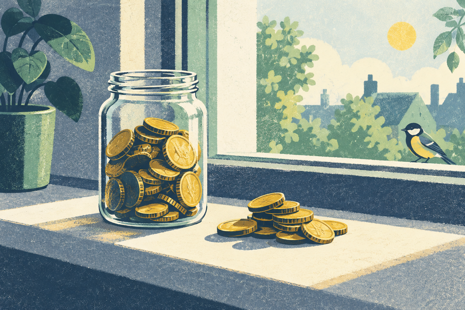 A small glass jar of coins on a windowsill with a second, half-sized pile of coins beside it, as if the jar is being topped up, morning light falling across both.