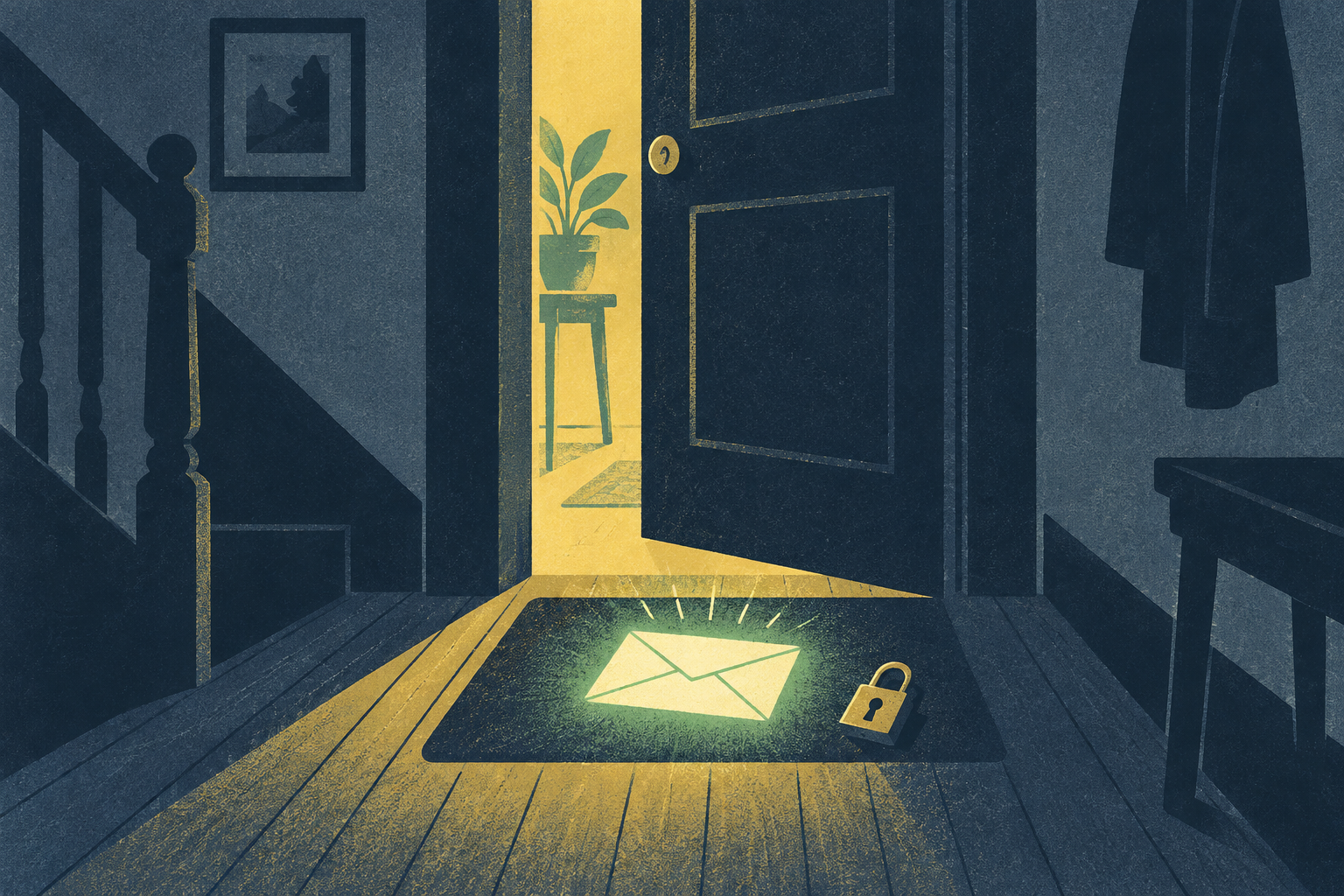 A shadowy hallway with a door left ajar and a bright glowing envelope on the doormat, a small padlock resting beside it on the floorboards.