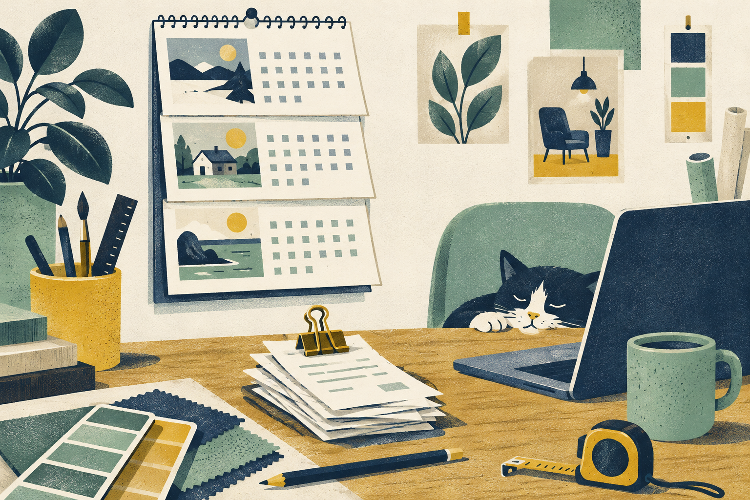 A wall calendar with three-monthly pages folded back, beside a laptop and a neat stack of receipts held with a bulldog clip on a decorator's workbench.