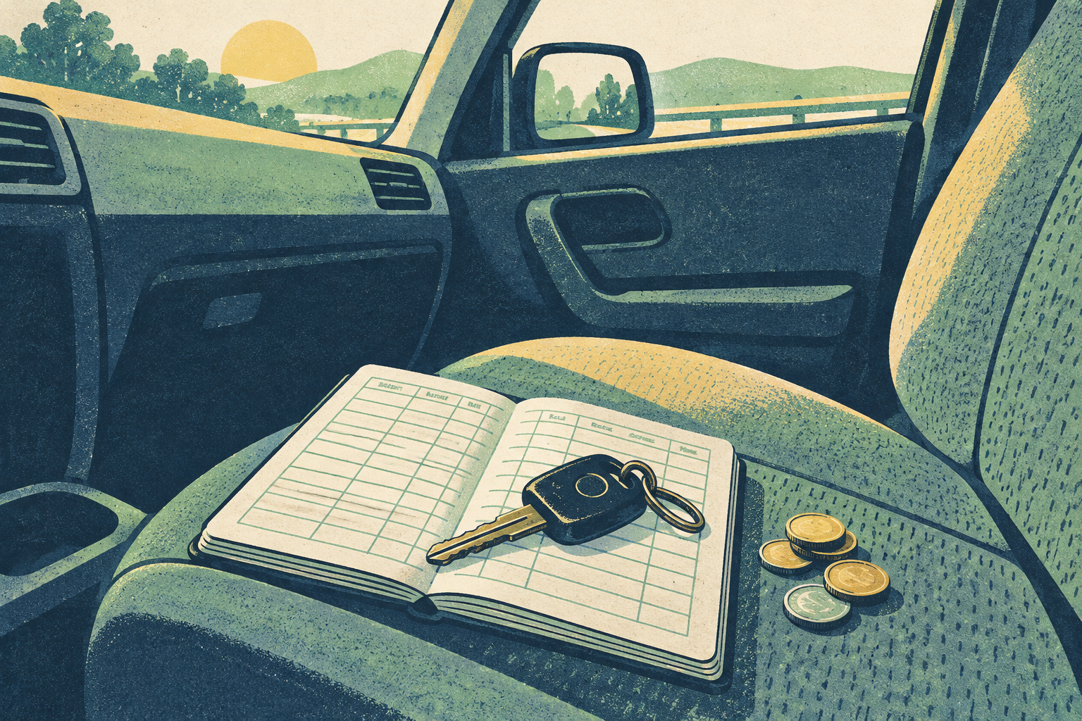 A worn car key resting on an open paper mileage logbook on a car passenger seat, with a small pile of coins beside it and soft morning light through the windscreen.
