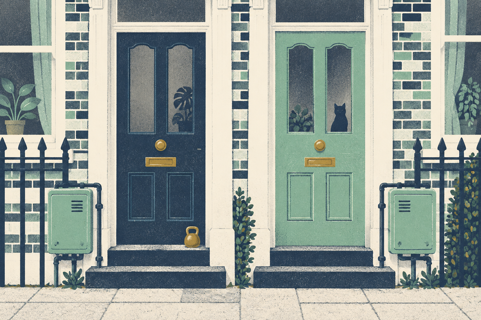 Two front doors side by side on a terraced street, with a gas meter box under each and a small brass weight resting on the doorstep of one.