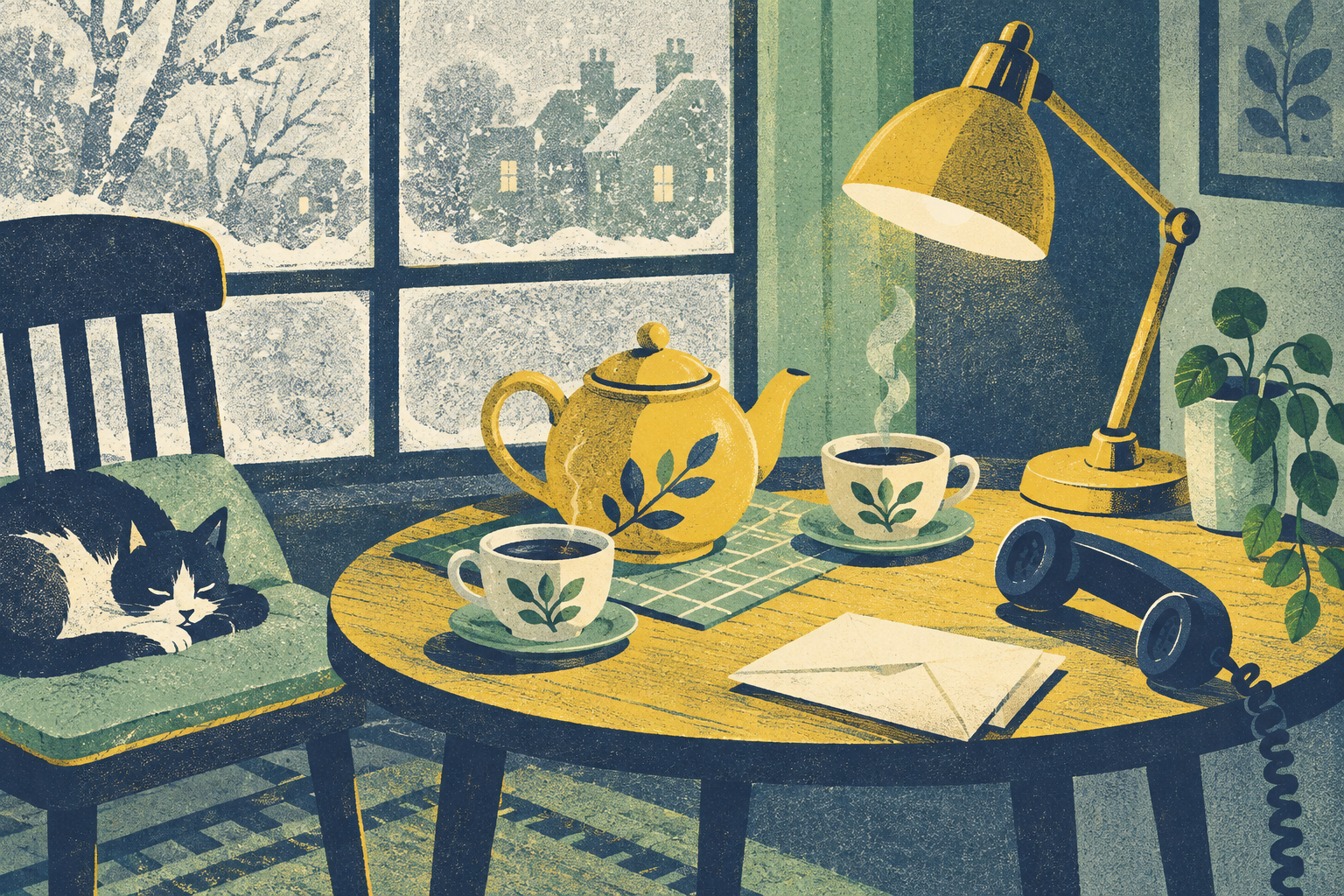 A teapot and two cups on a small table by a frosted window, with a telephone handset and a folded letter beside a reading lamp.
