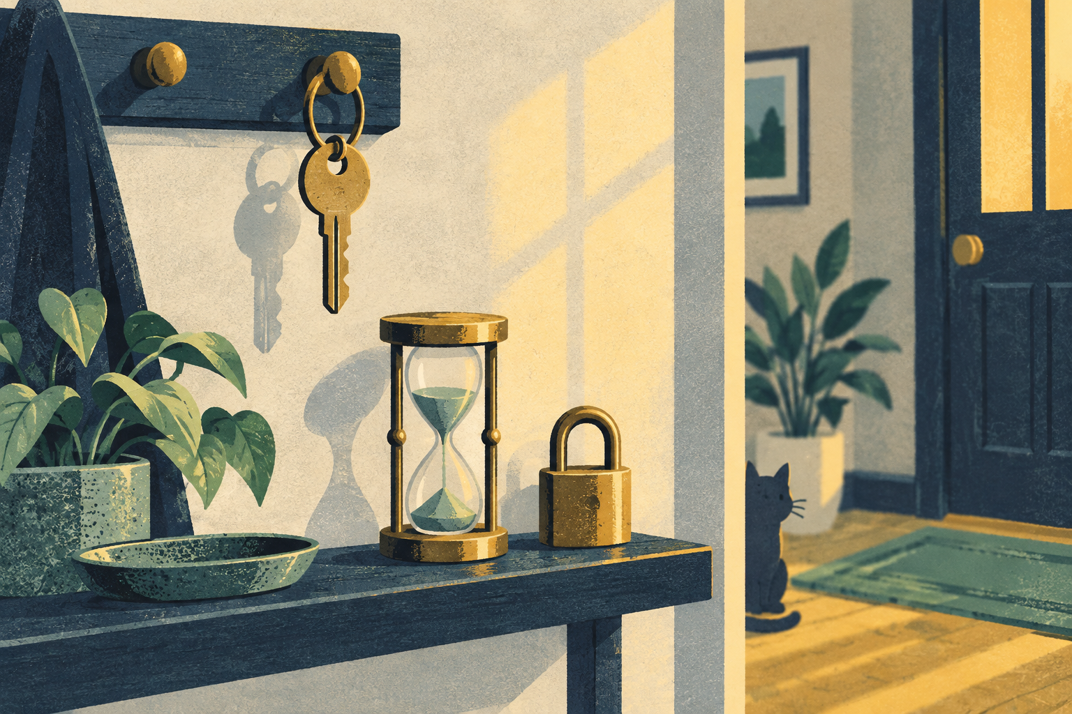 A front door key hanging on a hallway hook beside a small brass hourglass on a shelf, with a closed padlock resting next to it in warm evening light.