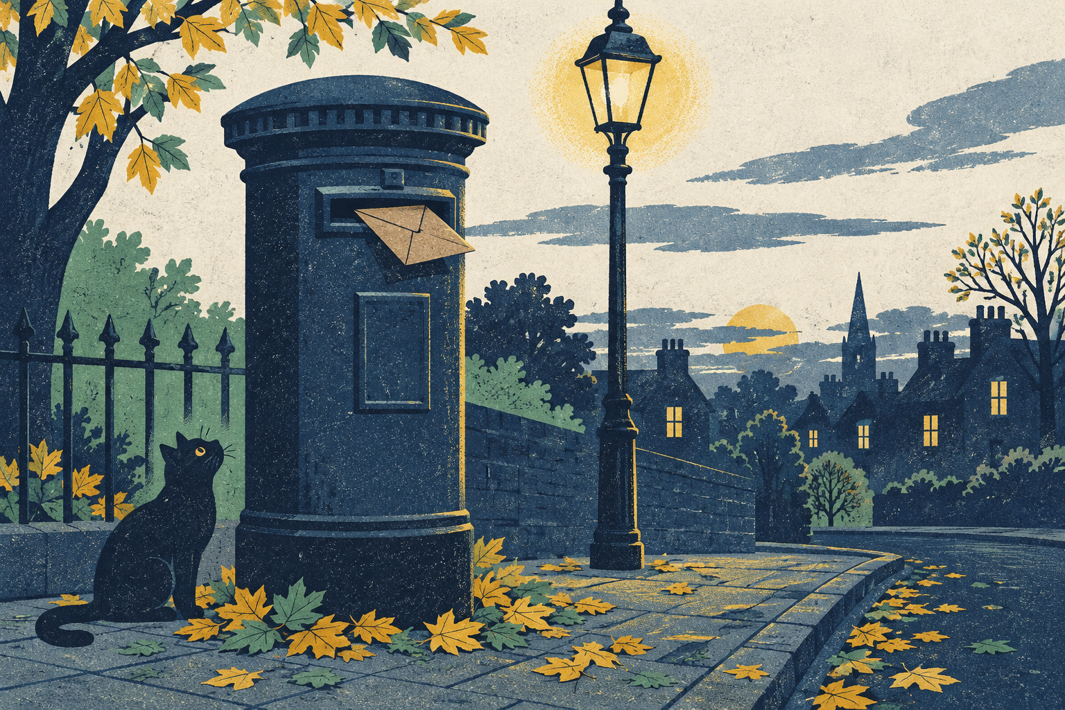 A postbox at dusk with a single brown envelope half posted in its slot, autumn leaves gathered at its base and a streetlamp glowing nearby.