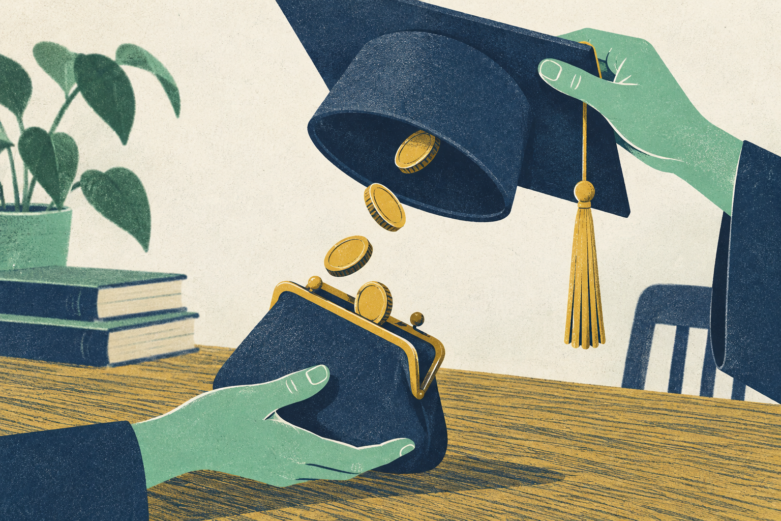 A graduation cap upturned on a wooden desk, with a few coins tumbling back out of it into an open hand-held purse.