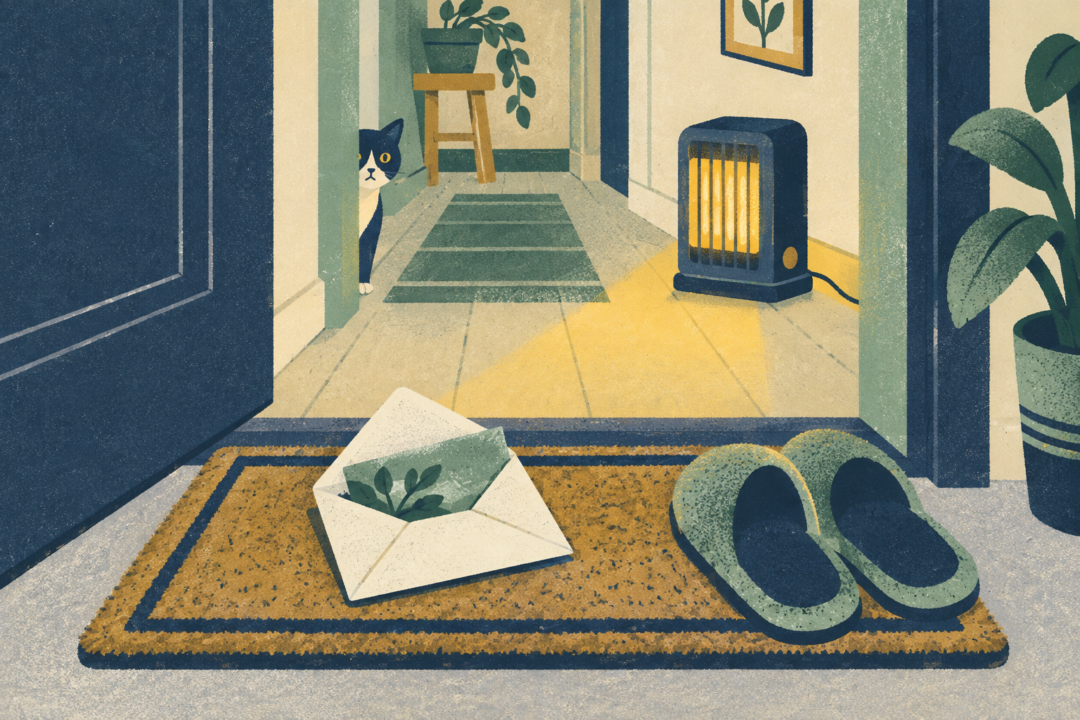 An open envelope resting on a doormat beside a pair of slippers, with a small glowing electric heater in the hallway behind it.