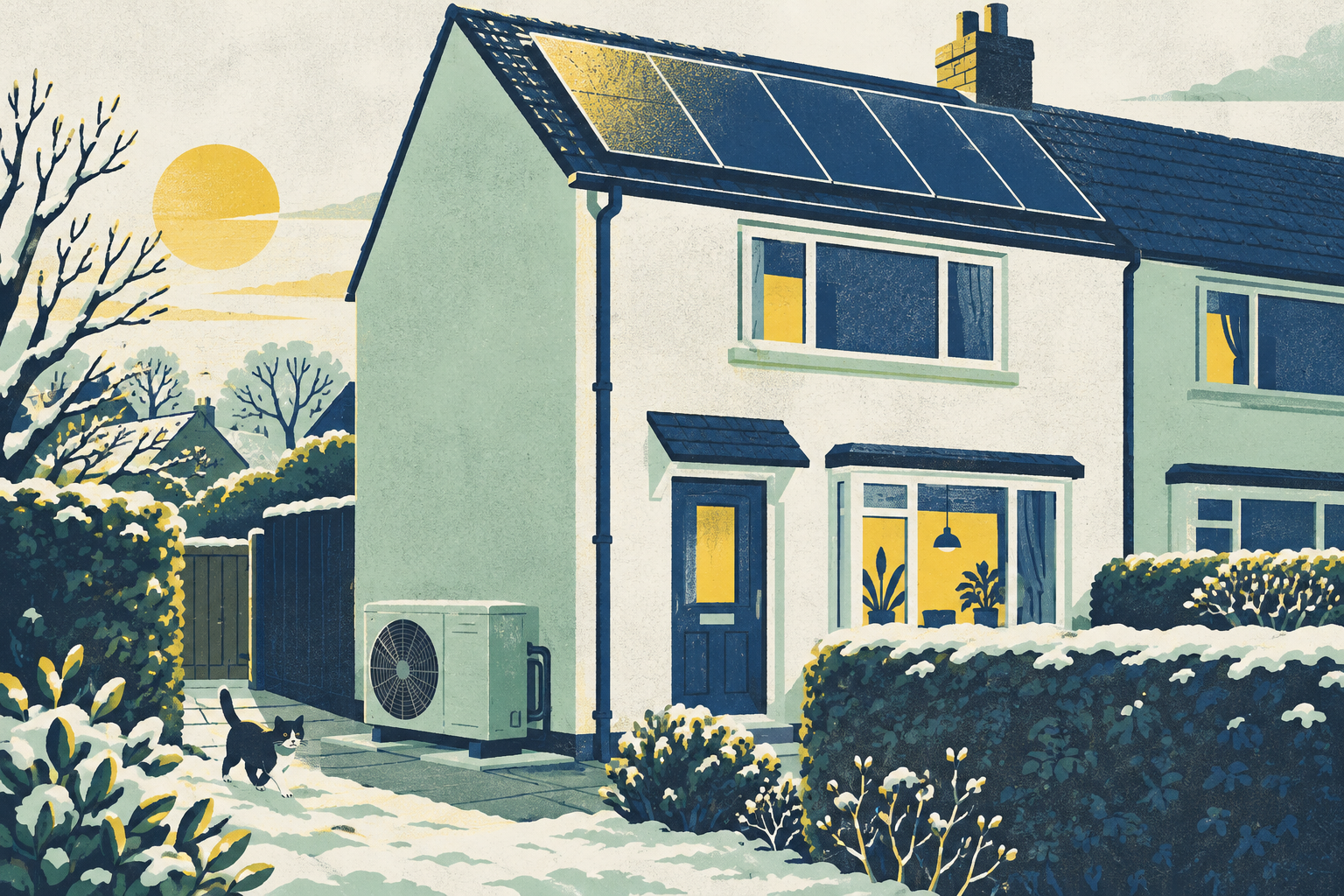 A tidy semi-detached house roof with a row of solar panels catching low winter sun, and a heat pump unit standing on paving stones by the side wall.