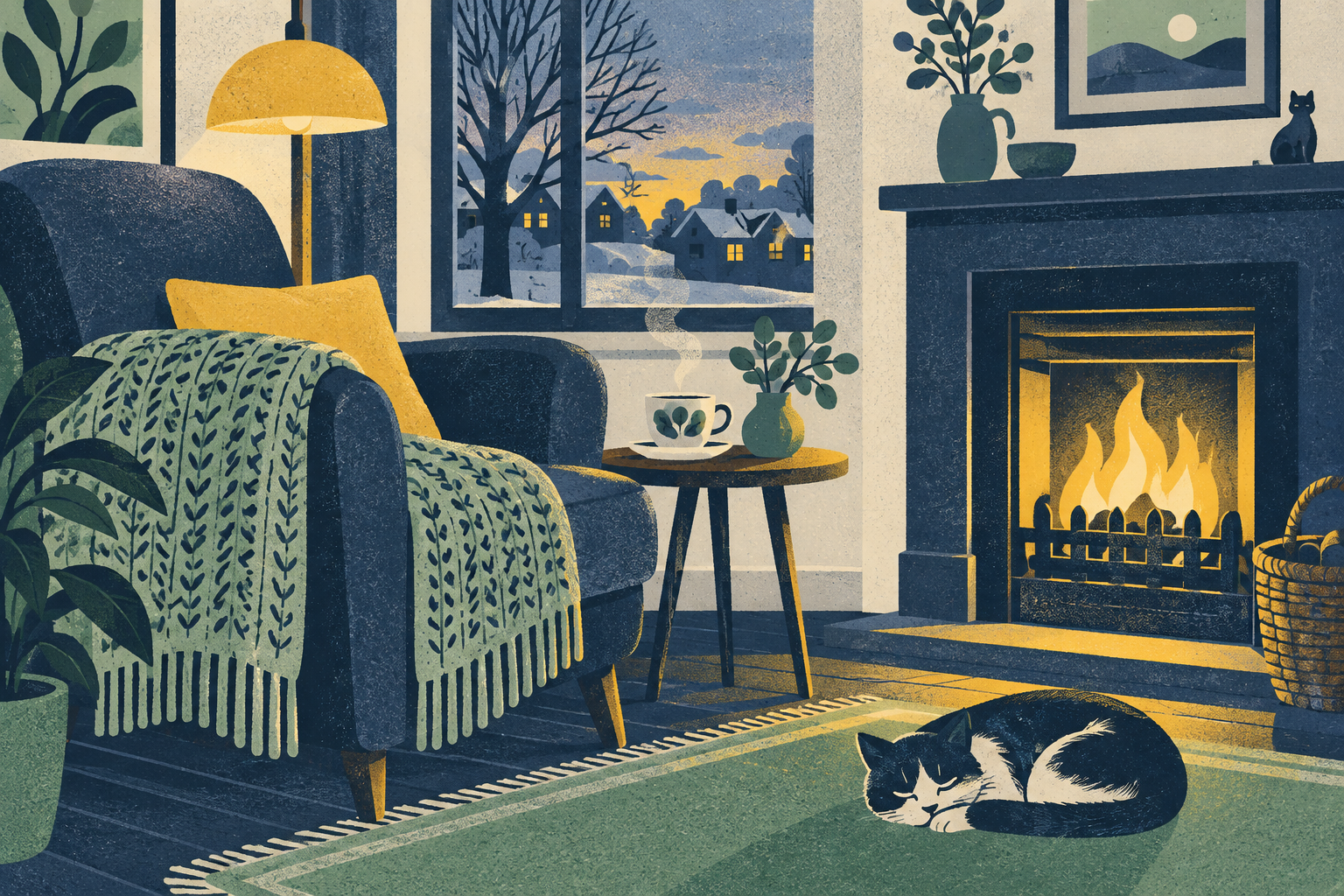 A knitted blanket folded over the arm of an armchair beside a lit gas fire, a cup and saucer on a small side table, winter dusk through the window.