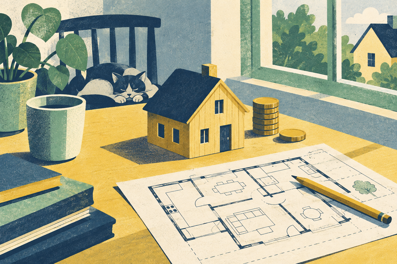 A small wooden model house on a table beside a neat stack of coins and a building plan held down by a pencil, lit by a window.